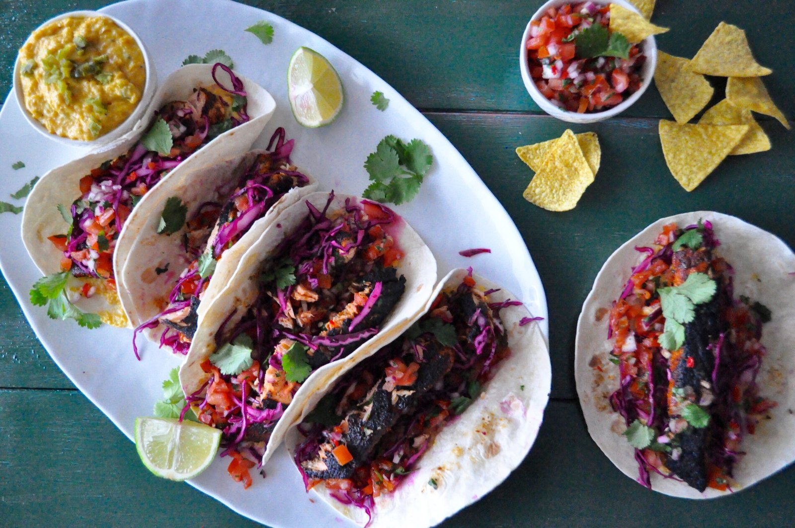 Blackened Cajun Salmon Taco + Corn Cream and Pico de Gallo